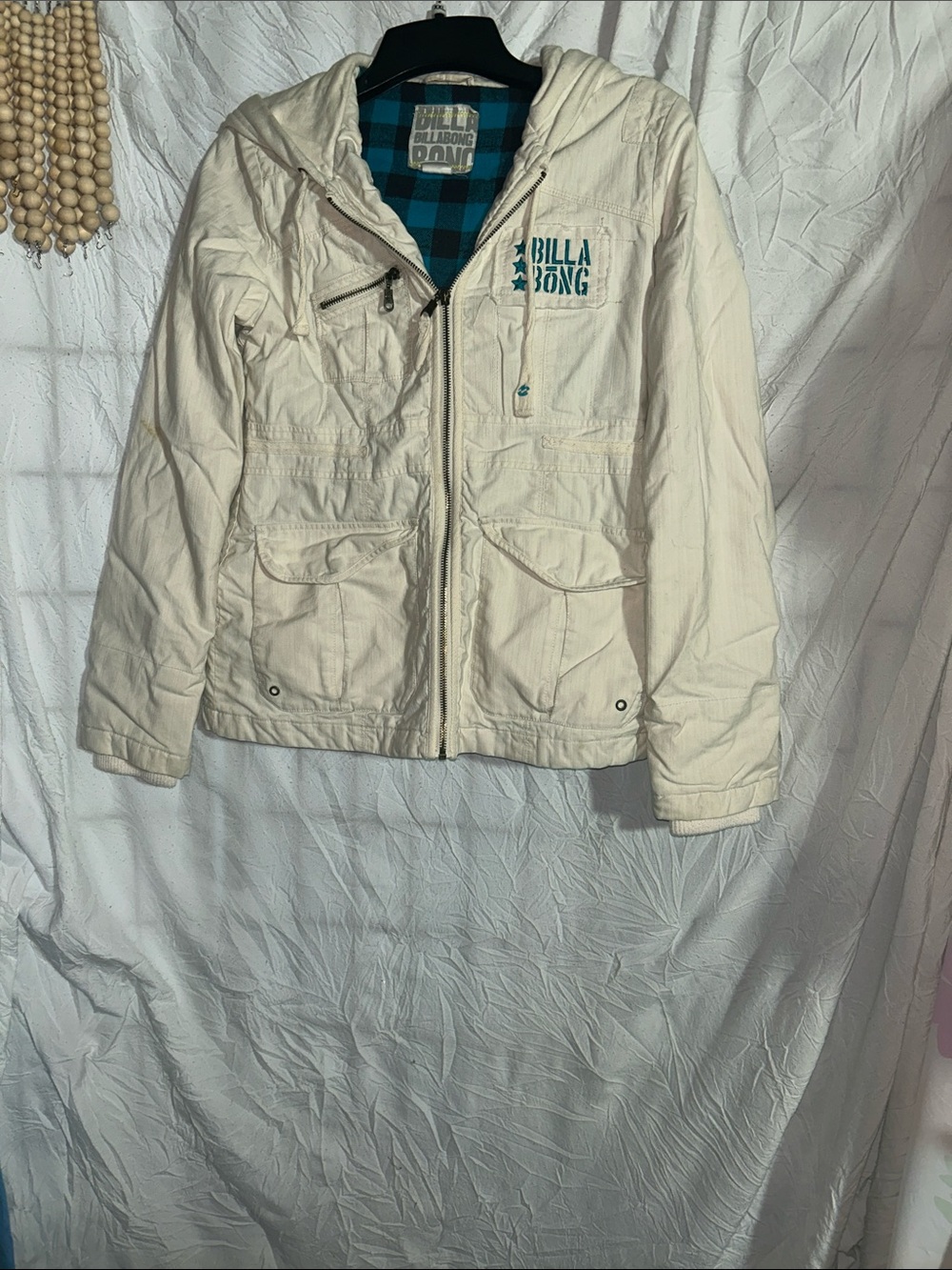 Billabong Cream Hooded Utility Jacket with Teal Logo size medium